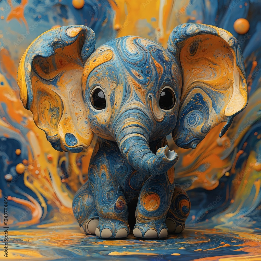 Poster small elephant with exaggerated large ears made of intricate fractal patterns sitting on a vibrant c