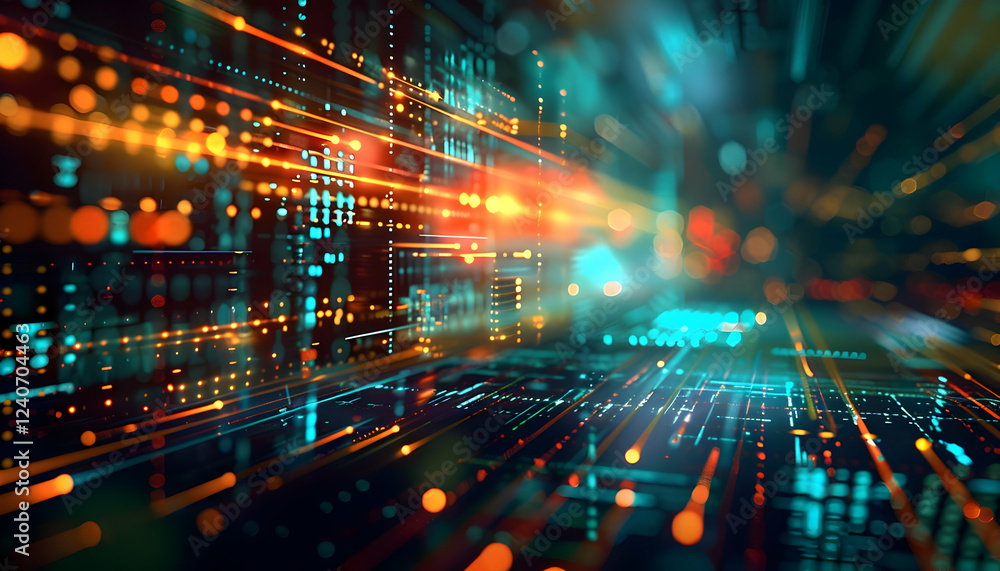 Poster abstract representation of digital data flow with vibrant colors and glowing lines in a tech environ