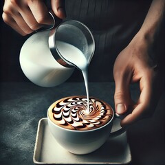  person pouring steamed milk into a cup containing coffee
