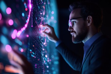 A man interacts with a glowing digital interface, showcasing vibrant data patterns and technology in a dark environment.