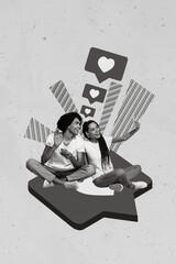 Vertical collage of two mini black white gamma people sit big like notification hold telephone make...