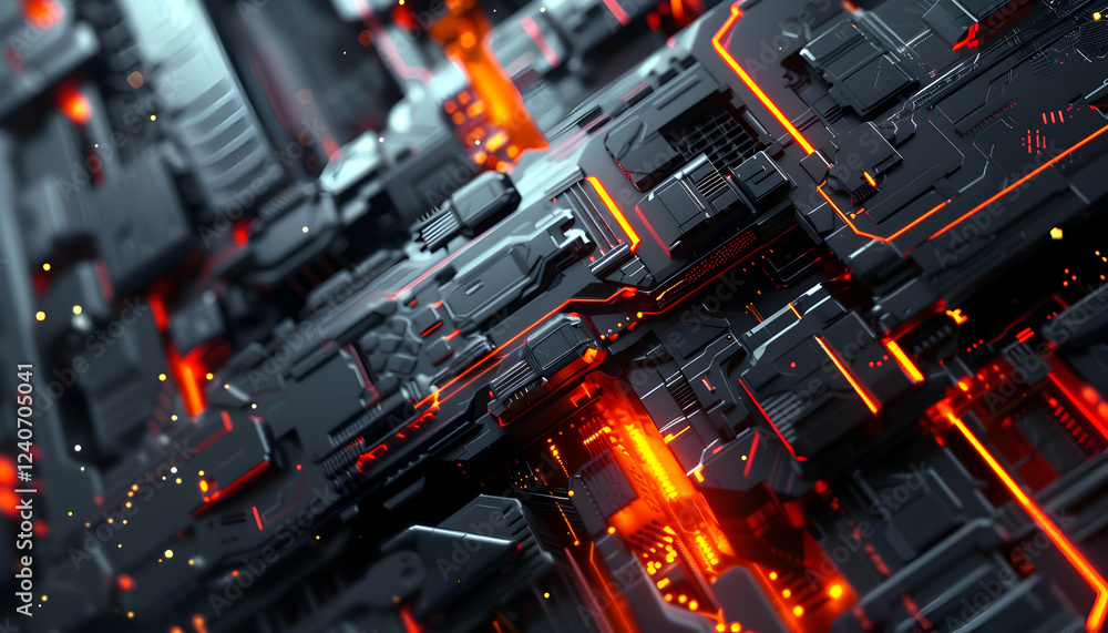 Poster abstract close-up of a futuristic circuit board with glowing orange lines and intricate details