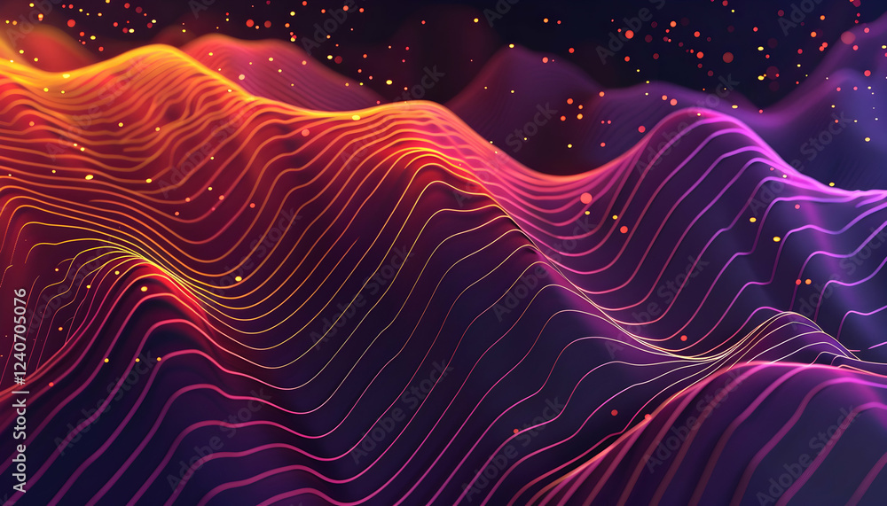 Poster vibrant abstract waves of color undulating through a dark background with particles floating