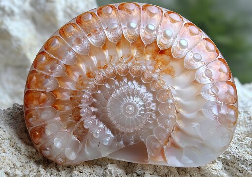 shell nautilus pearl Fibonacci sequence symmetry cross section spiral shell structure golden ratio background mollusk (nautilus pompilius) copy space half split stock