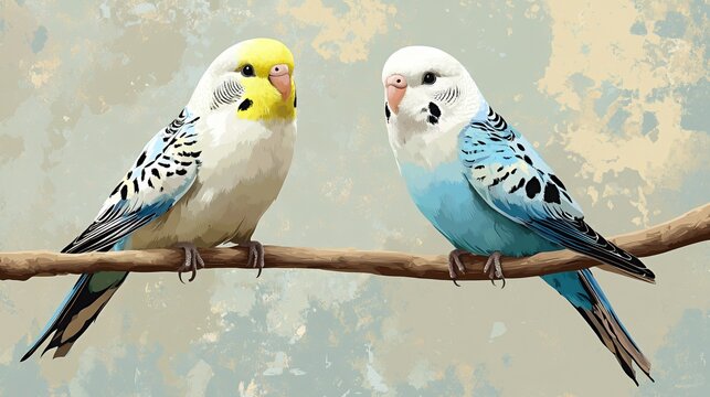 Two budgies perched on branch, textured background, artwork, pet illustration