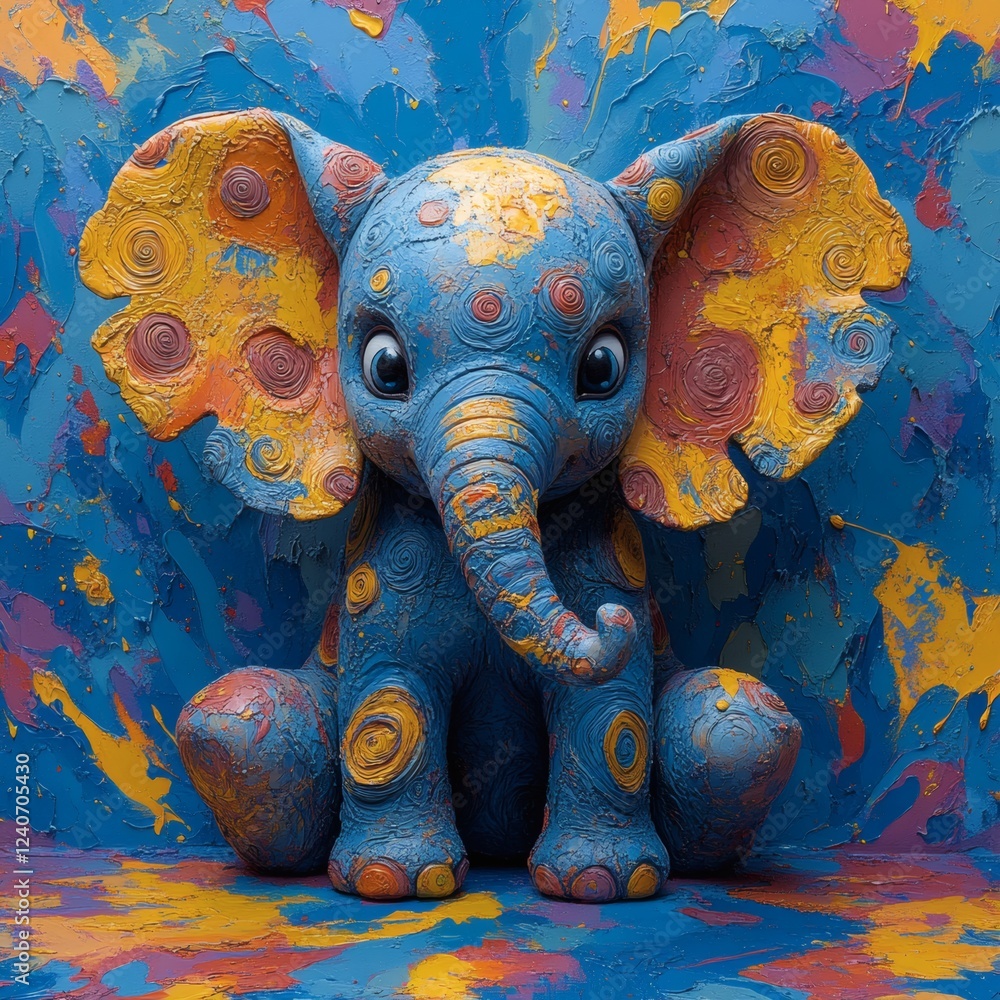 Poster small elephant with exaggerated large ears made of intricate fractal patterns sitting on a vibrant c