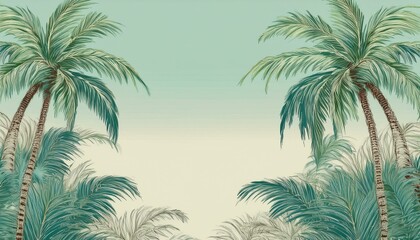 Fototapeta premium seamless border frame beautiful vibrant green palm trees on pastel background; copy space for your text