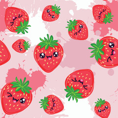 Cute Strawberry Pattern with Kawaii Faces
