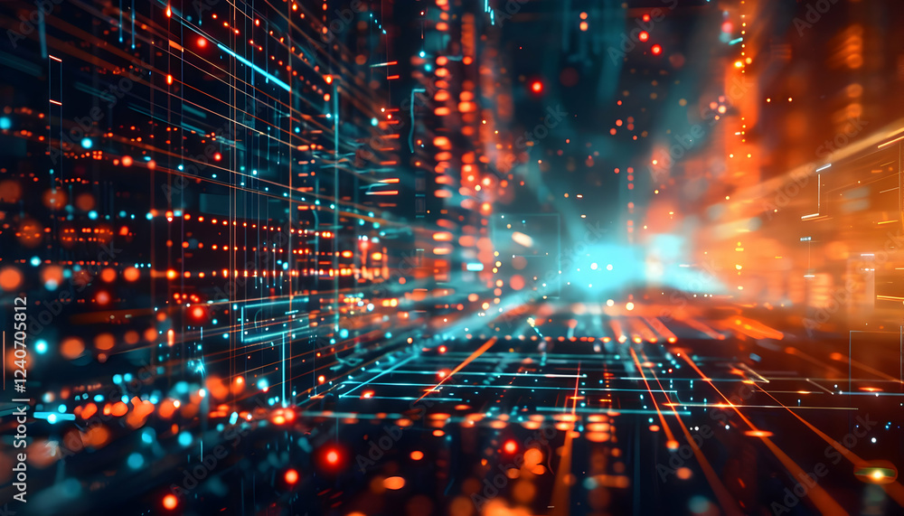 Poster abstract digital background with glowing lines and particles representing data flow and technology