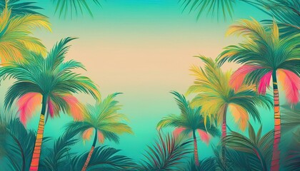 seamless border frame beautiful vibrant green palm trees on pastel background; copy space for your text