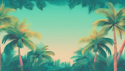 seamless border frame beautiful vibrant green palm trees on pastel background; copy space for your text