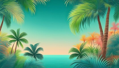 seamless border frame beautiful vibrant green palm trees on pastel background; copy space for your text