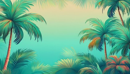 Fototapeta premium seamless border frame beautiful vibrant green palm trees on pastel background; copy space for your text