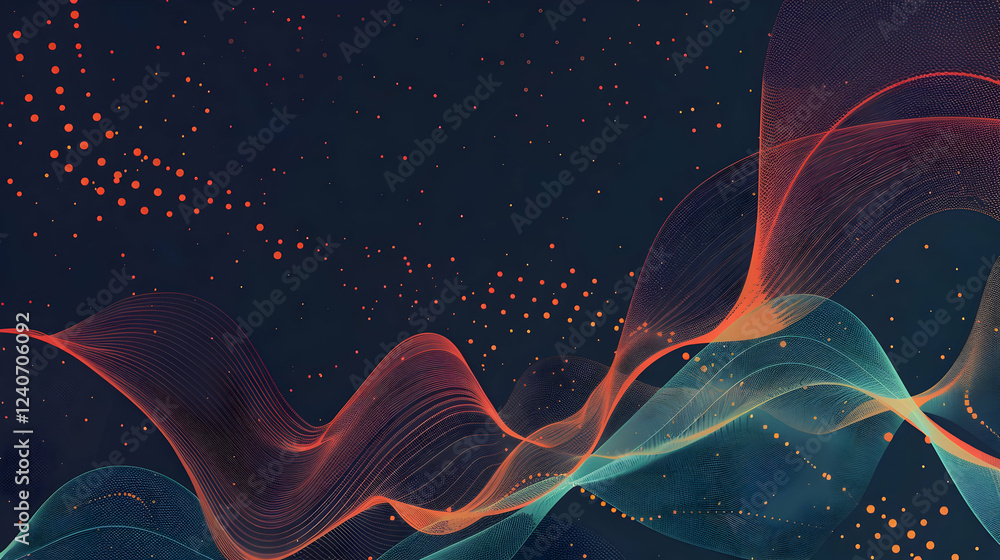 Poster abstract waves of vibrant colors flowing through a dark background with glowing dots, creating a dyn