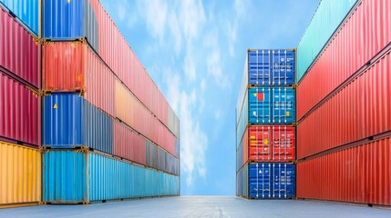 Fototapeta premium Colorful cargo containers stacked against a bright blue sky illustrating global trade and shipping logistics.