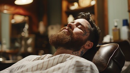 Obraz premium Bearded man napping in a barber chair.