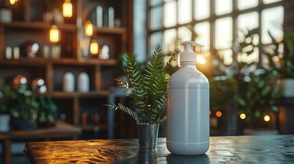 A white plastic bottle of disinfectant cleaner placed at the center of a neat office desk.