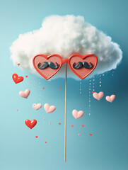 Whimsical cloud with heart-shaped glasses and mustache in a dreamy scene