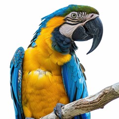 Vibrant blue and yellow macaw perched on branch.