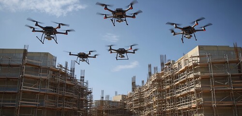 A team of drones flying over a construction site surrounded by scaffolding