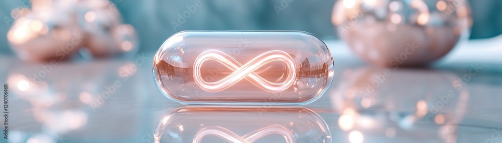 Poster a pill featuring a glowing infinity symbol rests on a mirrored surface, creating reflections that ev