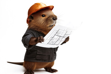 A cartoon beaver wearing a construction outfit holding a bluepri