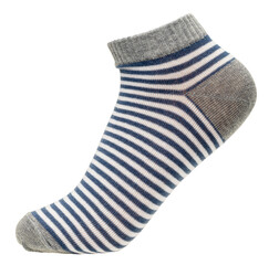 Blue and white striped low cut ankle sock with gray heel and cuff on foot mannequin isolated
