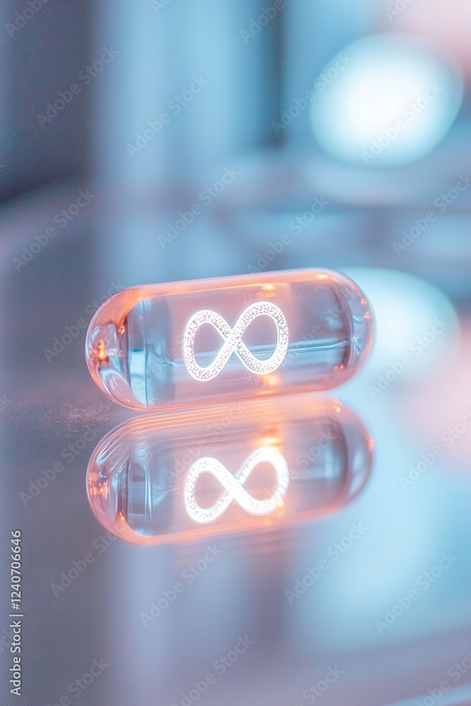 Poster a pill with a glowing infinity symbol rests on a mirrored surface, creating reflections that evoke a