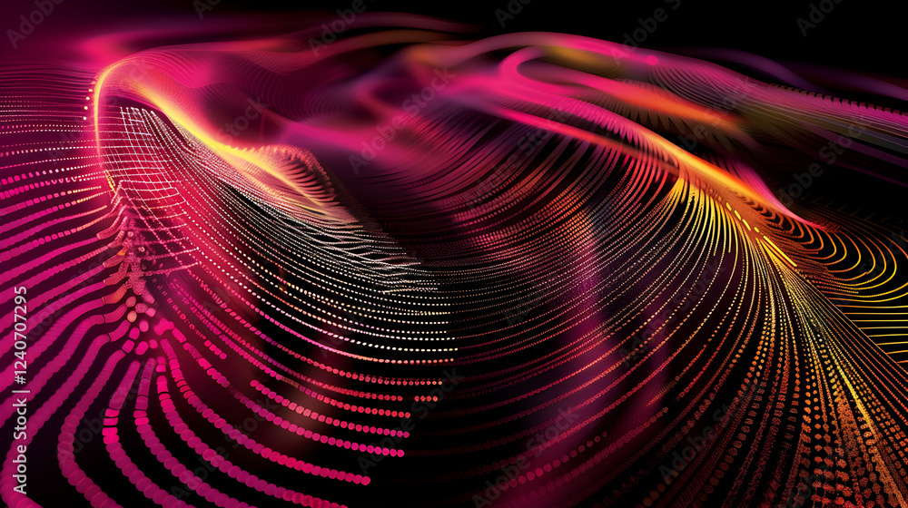 Poster Abstract waves of vibrant pink and orange light flow across a dark background, creating a dynamic visual effect