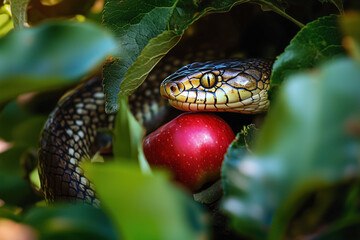Red apple and green serpent intertwined amidst vibrant greenery