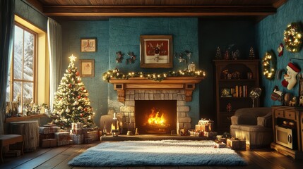 Obraz premium Cozy Christmas fireplace room, gifts, snow scene