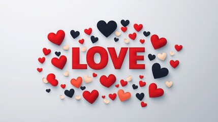 Fototapeta na wymiar A vibrant arrangement of hearts in various colors surrounds the bold word 