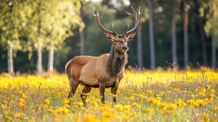 A majestic stag stands proudly in a vibrant field of yellow flowers, surrounded by lush greenery under a clear sky.