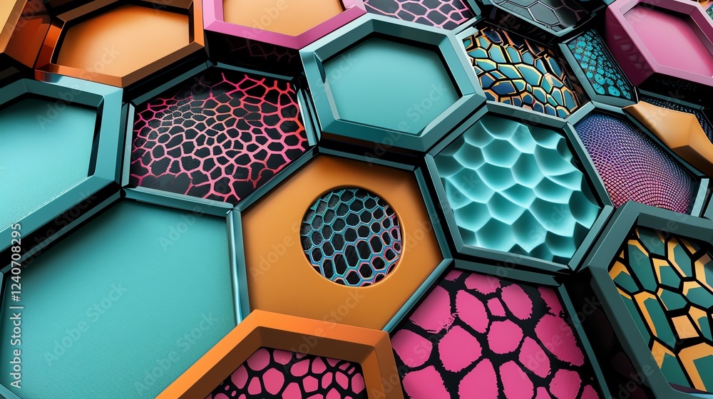 Poster abstract background of hexagons in various colors and textures.