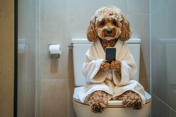 Cockapoo in bathrobe holding smartphone