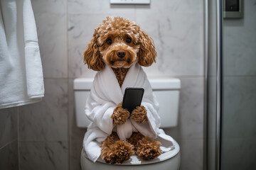 A cockapoo wearing a bathrobe and holding a smartphone