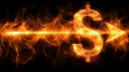 Fototapeta premium Fiery Dollar Symbol Surrounded by Bright Flames on a Black Background Perfect for Bold Financial Art and Dramatic Economic-Themed Creations 