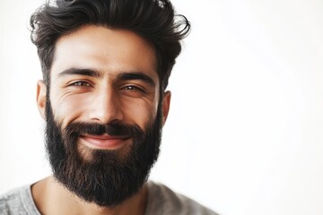 Fototapeta premium Smiling man with curly hair and beard on white background