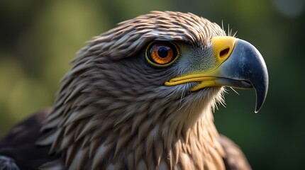 Fototapeta premium The head of the eagle is close -up. A predatory bird is hunting in the wild. Eagle close -up in the forest. Acute eagle vision.
