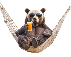 bear lounging in hammock, sipping drink while wearing sunglasses, exudes relaxed and carefree vibe