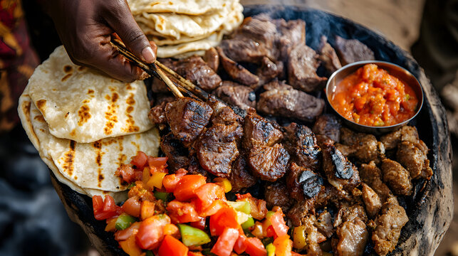 A Kenyan nyama choma with grilled meat, chapati, and kachumbari, symbolizing the role of communal grilling and social gatherings in Kenyan food culture and family celebrations.