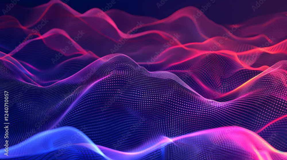 Poster abstract representation of flowing waves in vibrant colors, creating a dynamic digital landscape