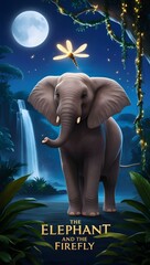 Ellie the Elephant and Flicker the Firefly share a magical moment in a moonlit rainforest, symbolizing friendship, wonder, and trust.