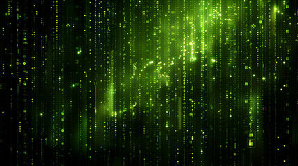 Abstract green digital rain with glowing particles cascading in a dark background, creating a futuristic atmosphere
