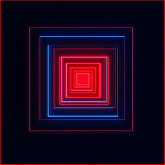 Dynamic interplay of red and blue neon squares creates an infinite tunnel effect in a dark digital space. Generative AI