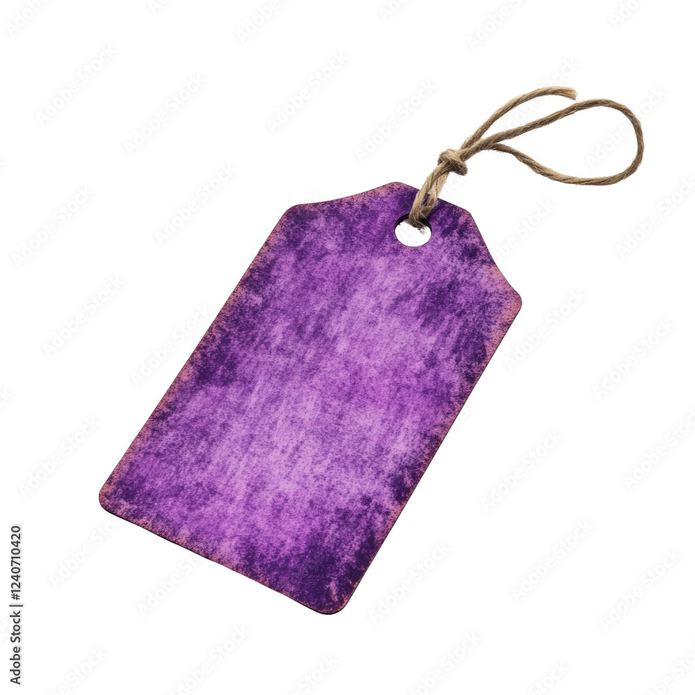 Poster a purple, textured wooden gift tag with a twine string, ideal for adding a rustic touch to presents 