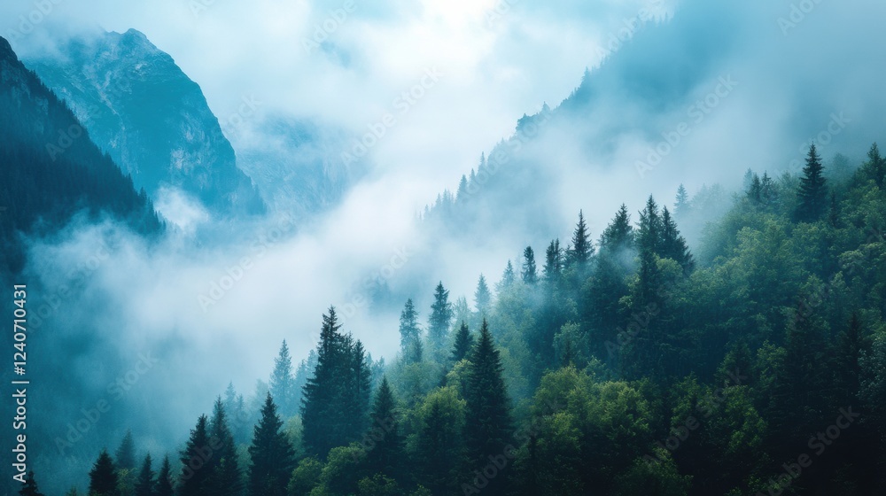 Poster serene mist envelops mountain landscape inspiring calm in lush greenery and tall pine trees during e