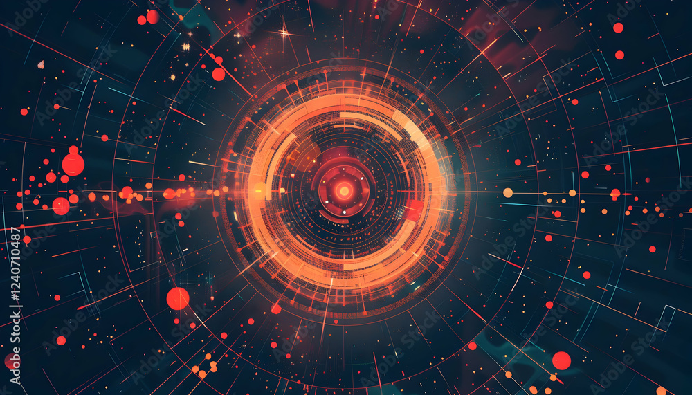 Poster abstract digital artwork showcasing a vibrant circular pattern with glowing elements and dynamic lin