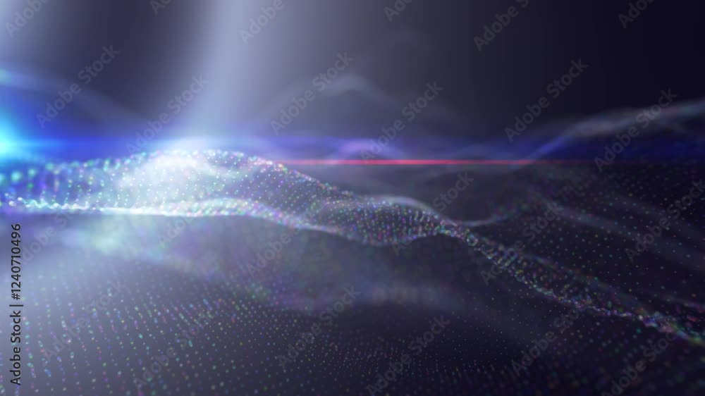 Poster abstract purple and blue digital wave pattern, creating a vivid and energetic visual with a blend of