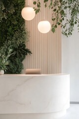 A reception area features a vertical herb garden behind the front desk, surrounded by fresh herbs and soft lighting, creating a serene eco-friendly environment for visitors